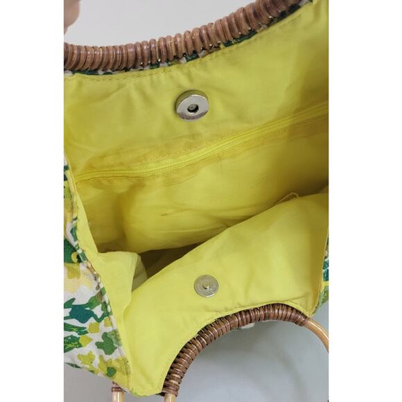 Boho Vintage Green & White Floral Purse Wooden Handles Hippie Retro Fun Handbag - Picture 5 of 6